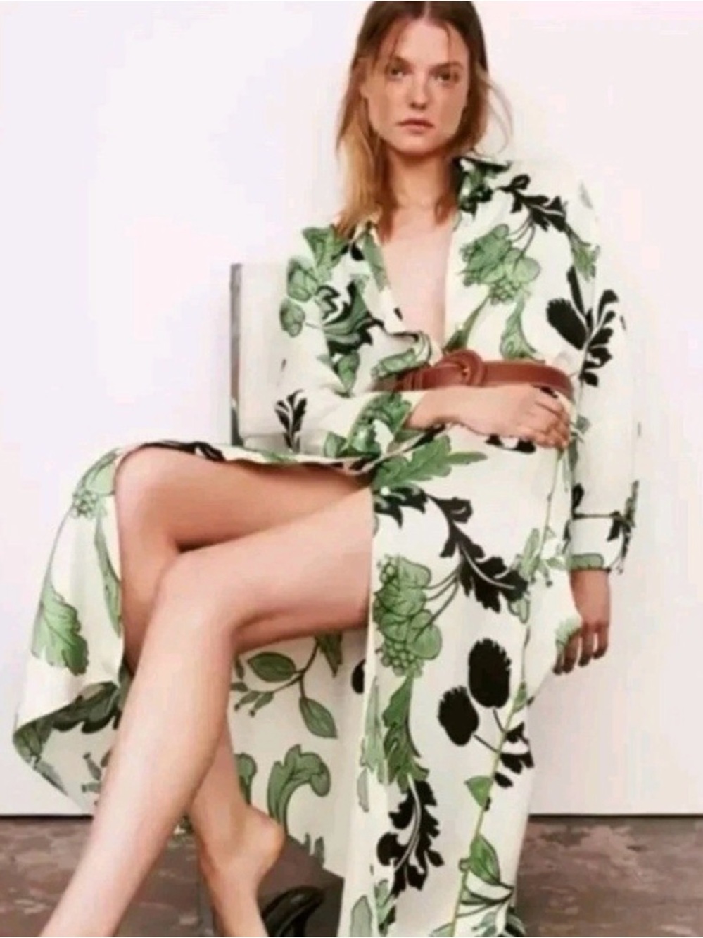 Zara Cream Satin Maxi Dress with Green & Black Floral Print